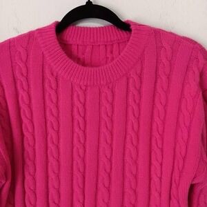 SHEIN Sweater Womens XL Hot Pink Cable Knit Cropped Crewneck Long Sleeve Soft